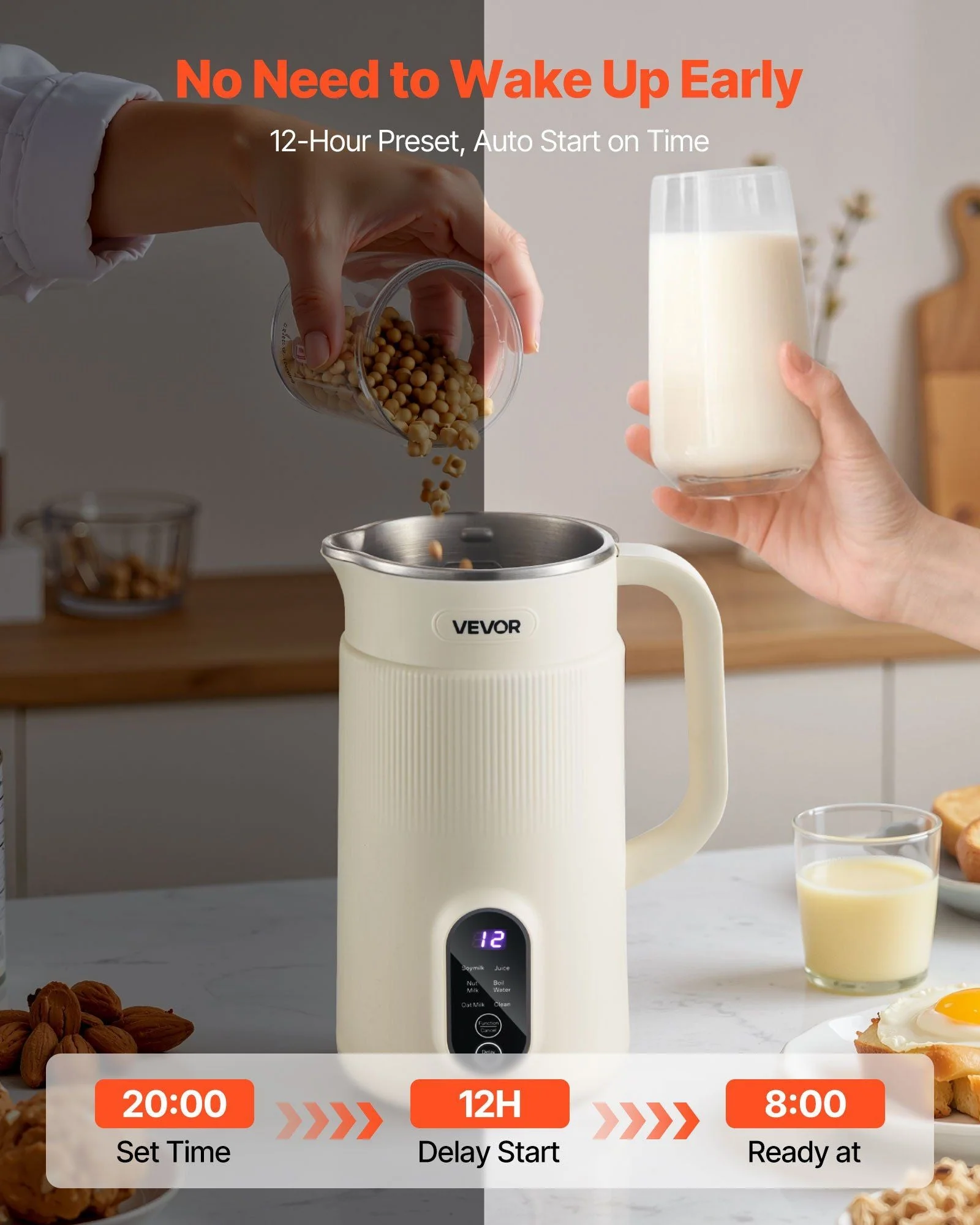 6-in-1 Nut Milk Maker, 20 oz Soy Milk Maker Machine with 6 Blades, for Homemade Oat, Nut, Soy, Juice, Plant-Based and Non Dairy Beverages with High-Temp Self-Cleaning, Boil Water, 12-Hour Delay - Image 5
