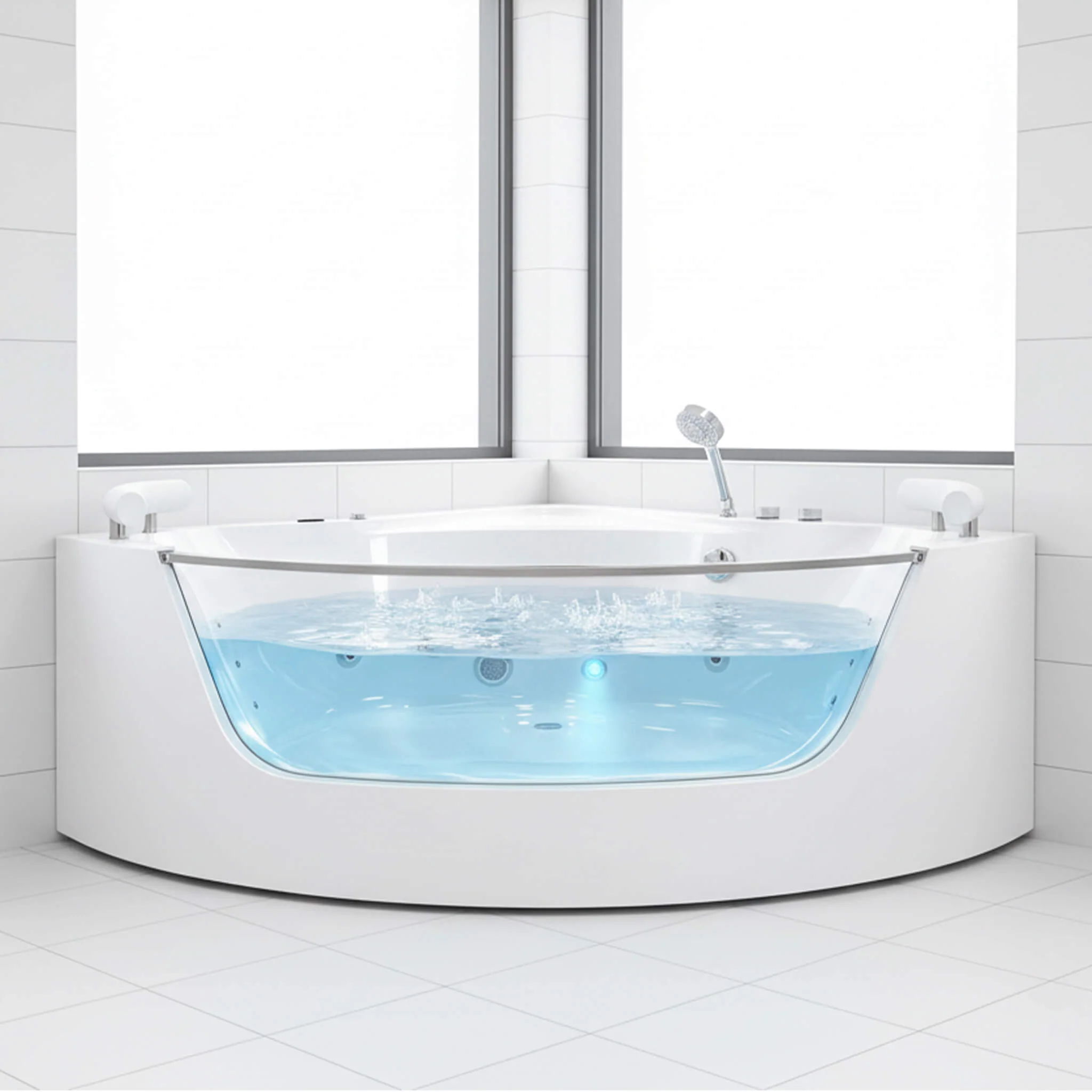 Alora Serenity 59-Inch 2-Person Acrylic Corner Whirlpool 16-Jet Hydro Massage Bathtub With Heater Rainbow Light (SAK70512)