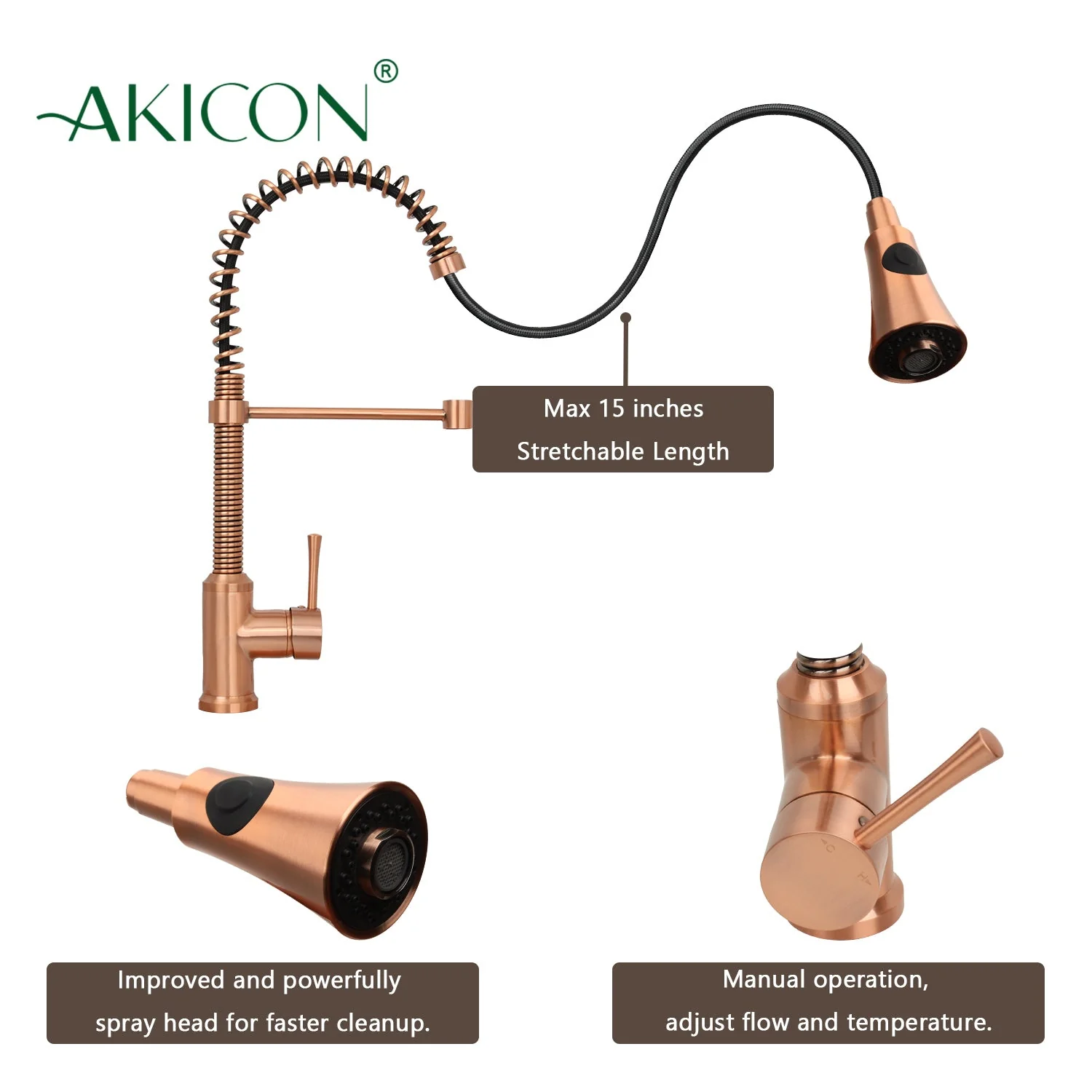 Copper Pre-Rinse Spring Kitchen Faucet, Single Level Solid Brass Kitchen Sink Faucets with Pull Down Sprayer - AK96565C - Image 5