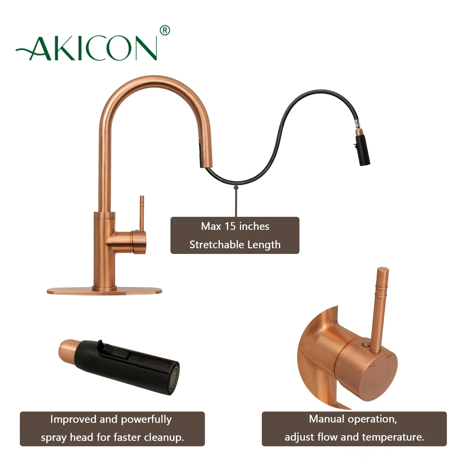 Copper Pull Out Kitchen Faucet with Deck Plate, Single Level Solid Brass Kitchen Sink Faucets with Pull Down Sprayer-AK96416C - Image 4
