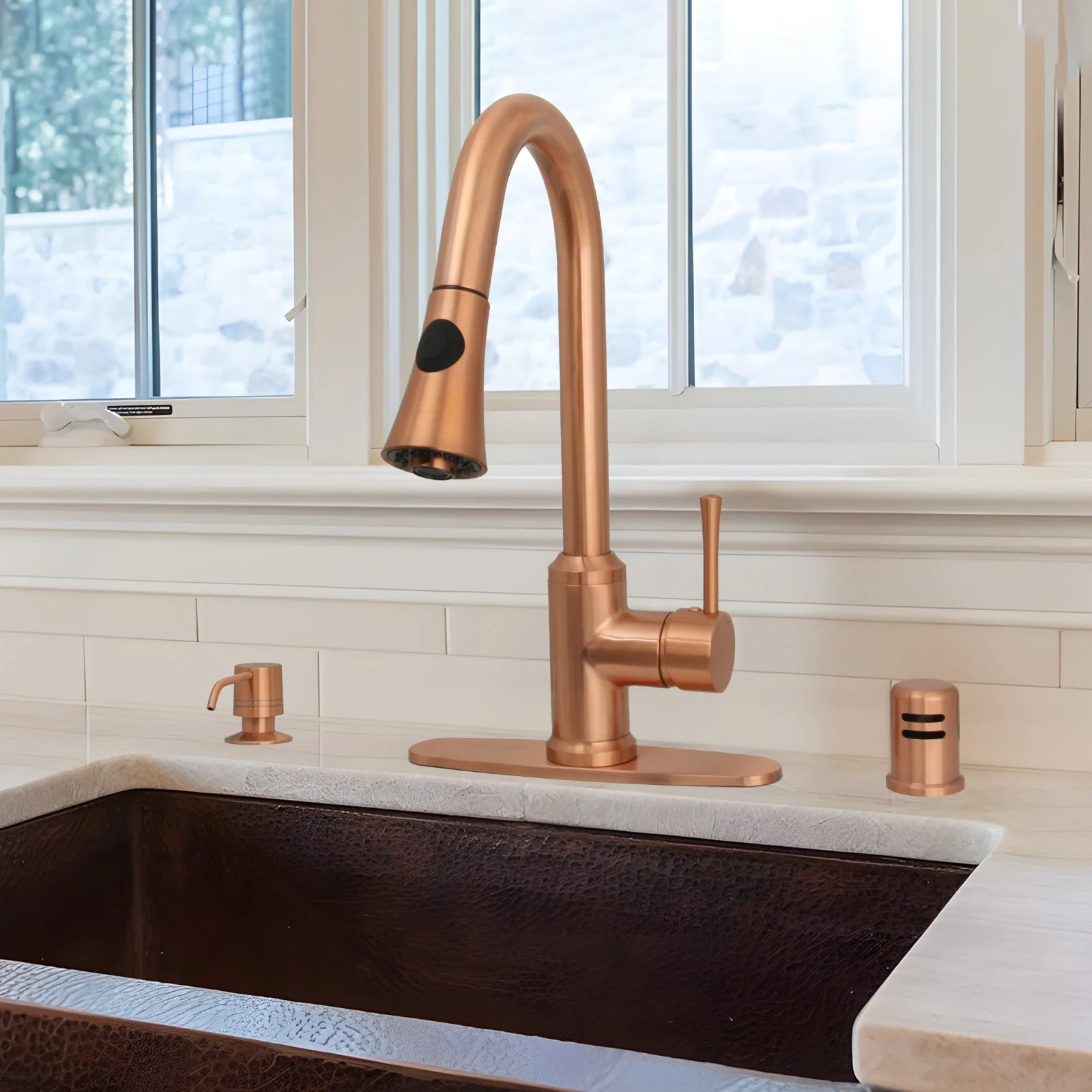 Copper Pull Out Kitchen Faucet with Deck Plate, Single Level Solid Brass Kitchen Sink Faucets with Pull Down Sprayer-AK96466C - Image 2