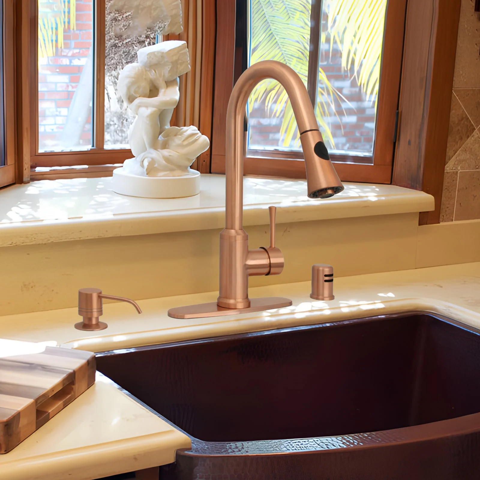 Copper Pull Out Kitchen Faucet with Deck Plate, Single Level Solid Brass Kitchen Sink Faucets with Pull Down Sprayer-AK96466C - Image 3