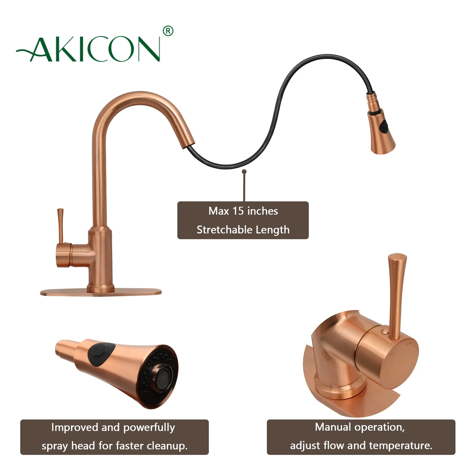 Copper Pull Out Kitchen Faucet with Deck Plate, Single Level Solid Brass Kitchen Sink Faucets with Pull Down Sprayer-AK96466C - Image 4