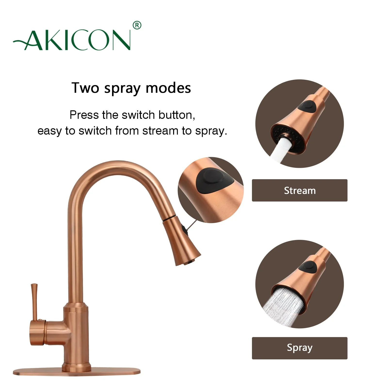 Copper Pull Out Kitchen Faucet with Deck Plate, Single Level Solid Brass Kitchen Sink Faucets with Pull Down Sprayer-AK96466C - Image 5