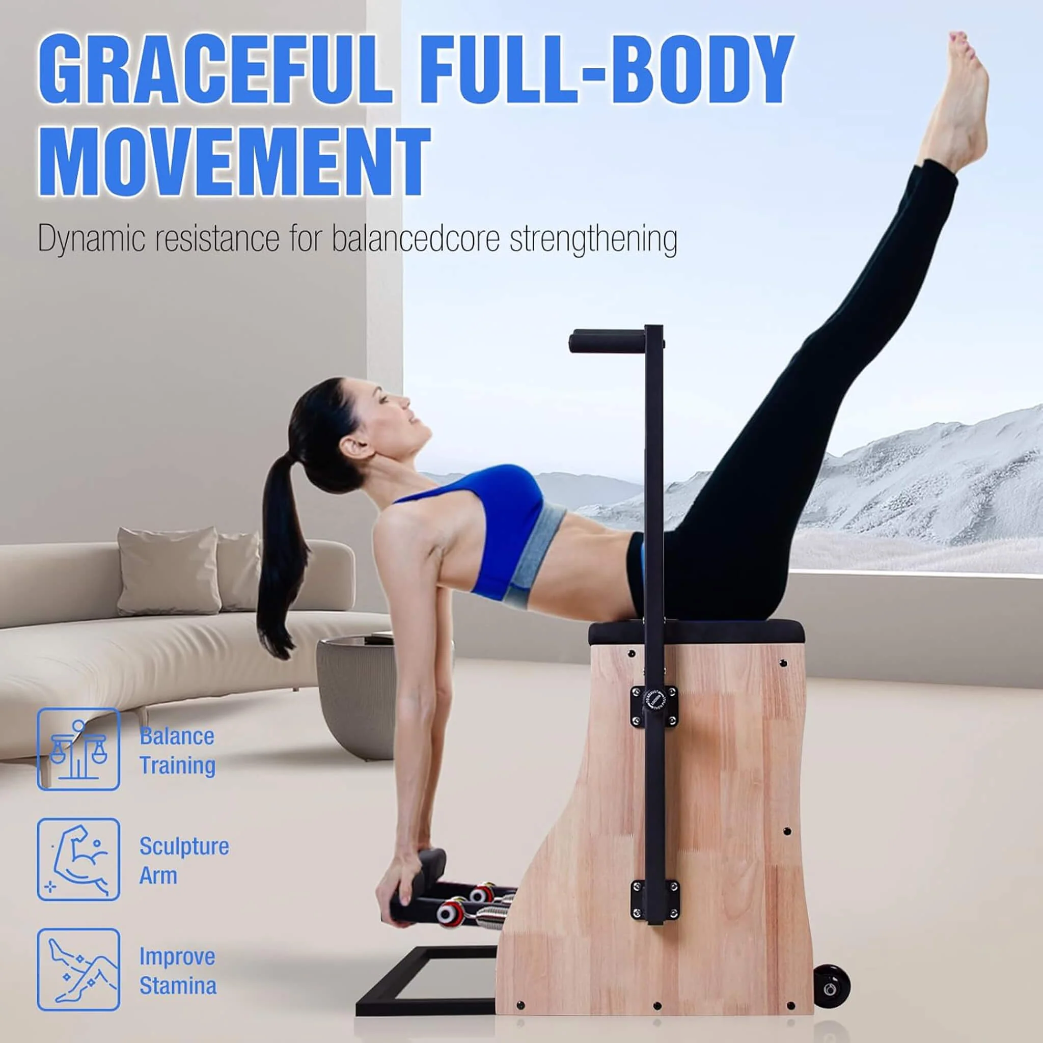 Core Pilates Multifunctional Solid Wood Pilates Reformer Chair With Adjustable Springs And Split Pedals (SAK27581) - Image 3