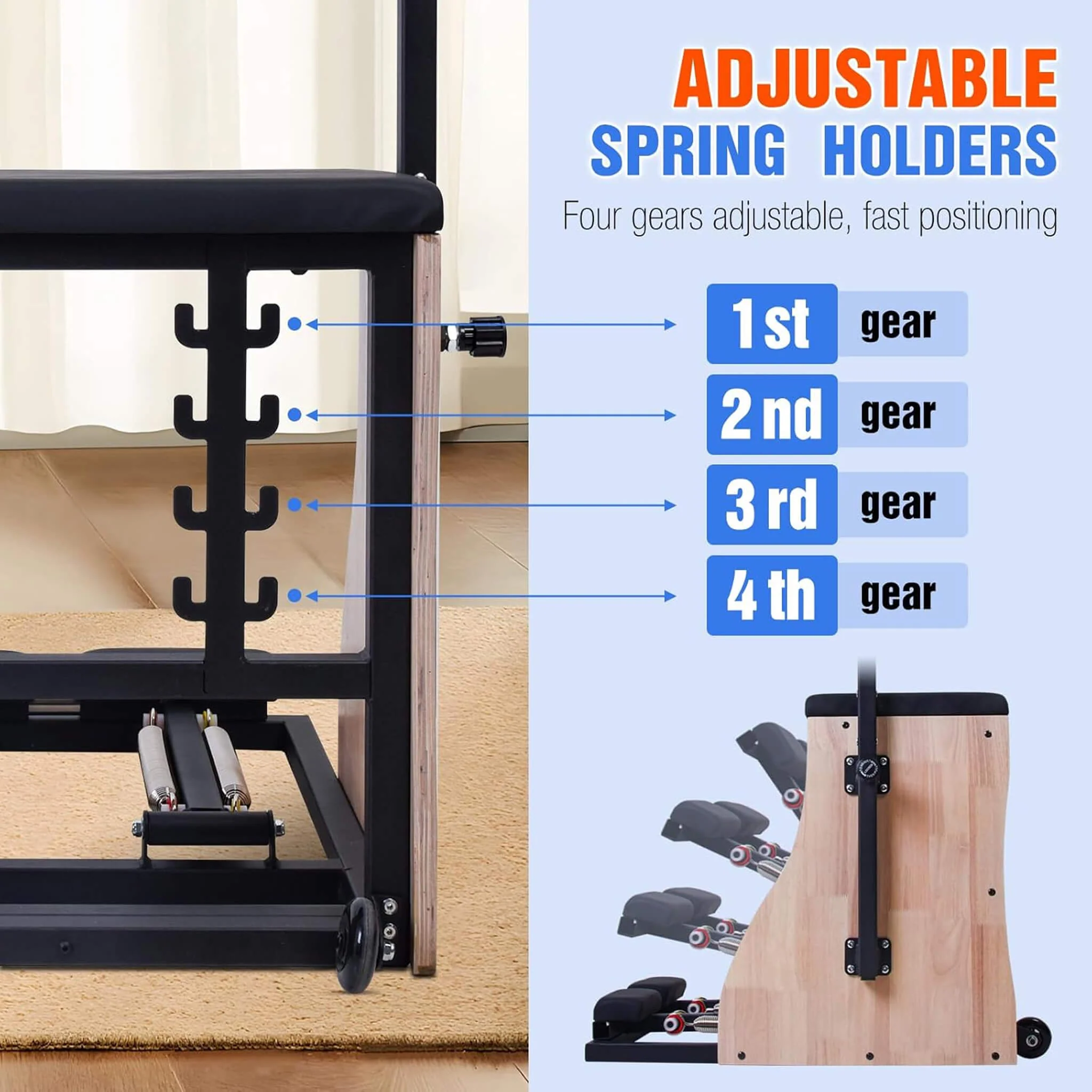 Core Pilates Multifunctional Solid Wood Pilates Reformer Chair With Adjustable Springs And Split Pedals (SAK27581) - Image 4