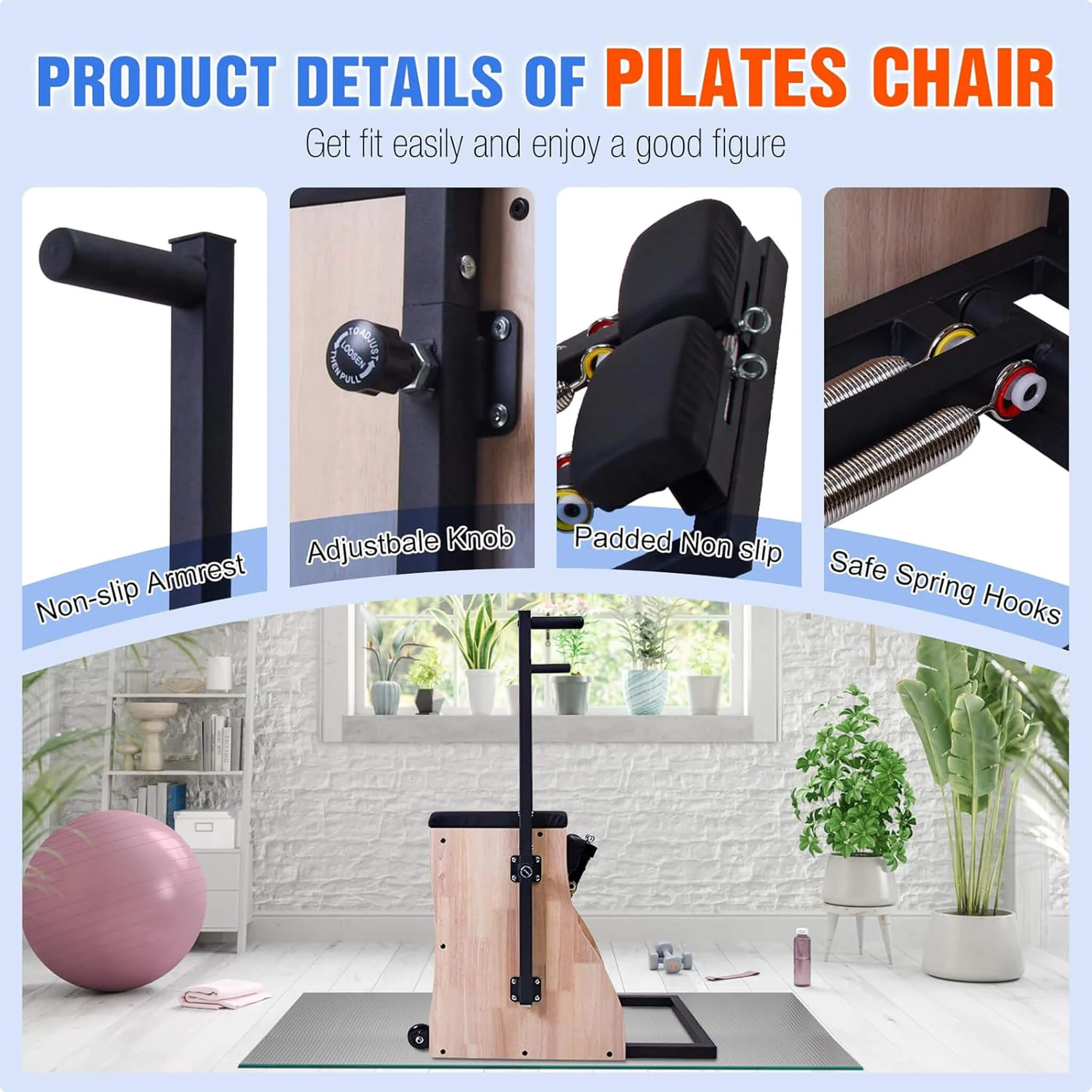 Core Pilates Multifunctional Solid Wood Pilates Reformer Chair With Adjustable Springs And Split Pedals (SAK27581) - Image 6