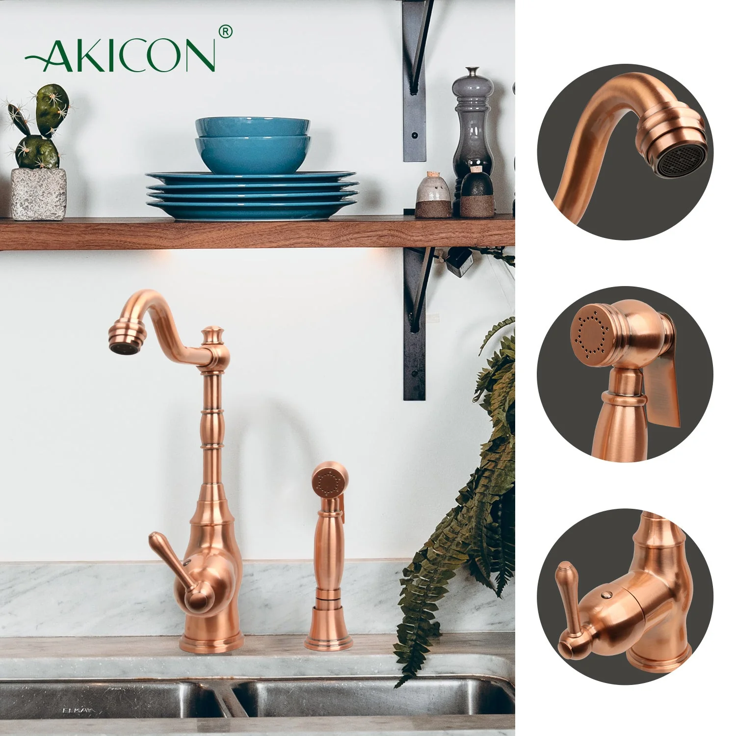 One-Handle Copper Widespread Kitchen Faucet with Side Sprayer - AK96918C - Image 4
