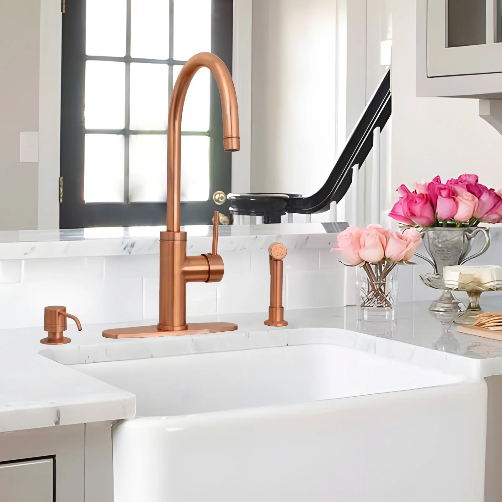 One-Handle Copper Widespread Kitchen Faucet with Side Sprayer-AK96966C - Image 2