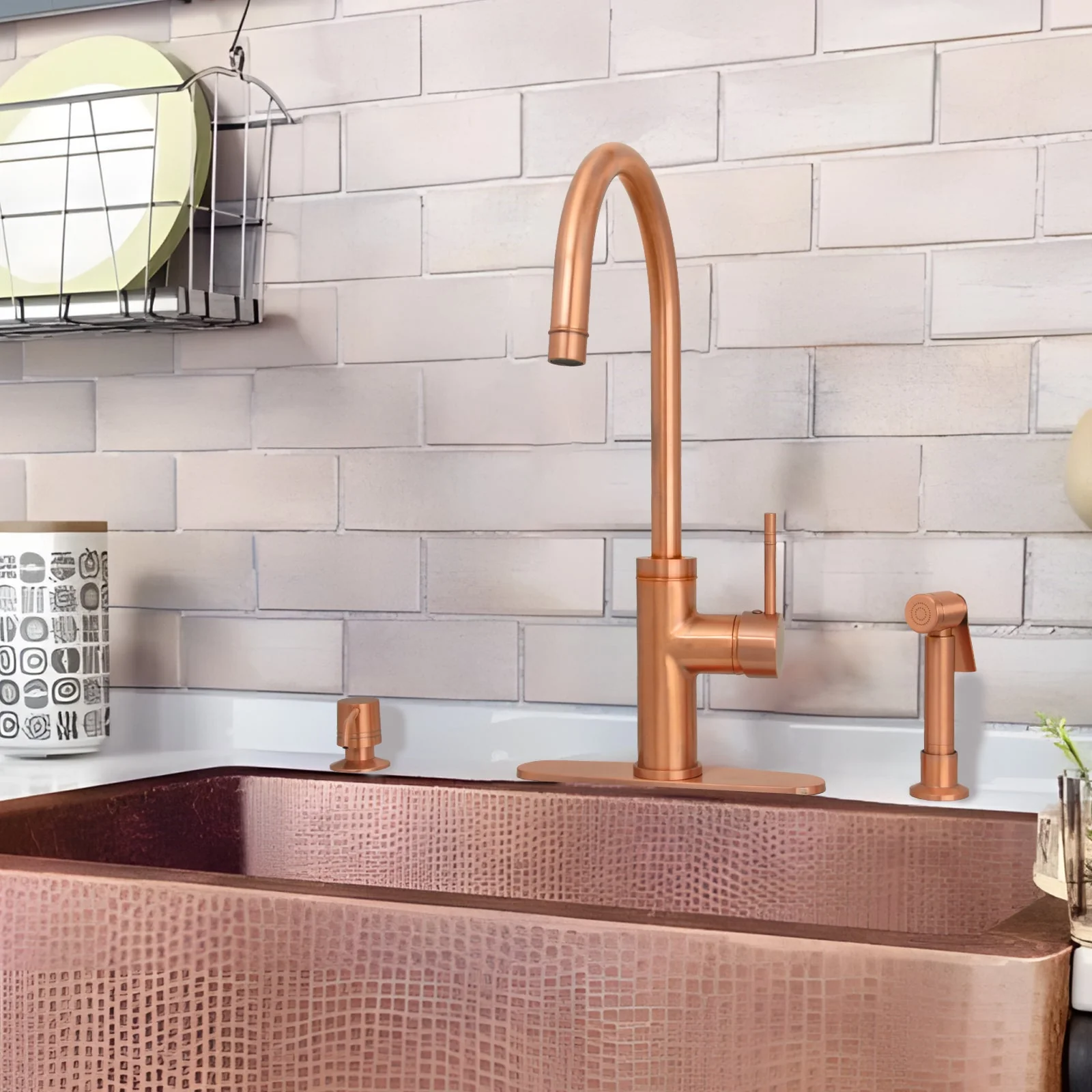 One-Handle Copper Widespread Kitchen Faucet with Side Sprayer-AK96966C - Image 3