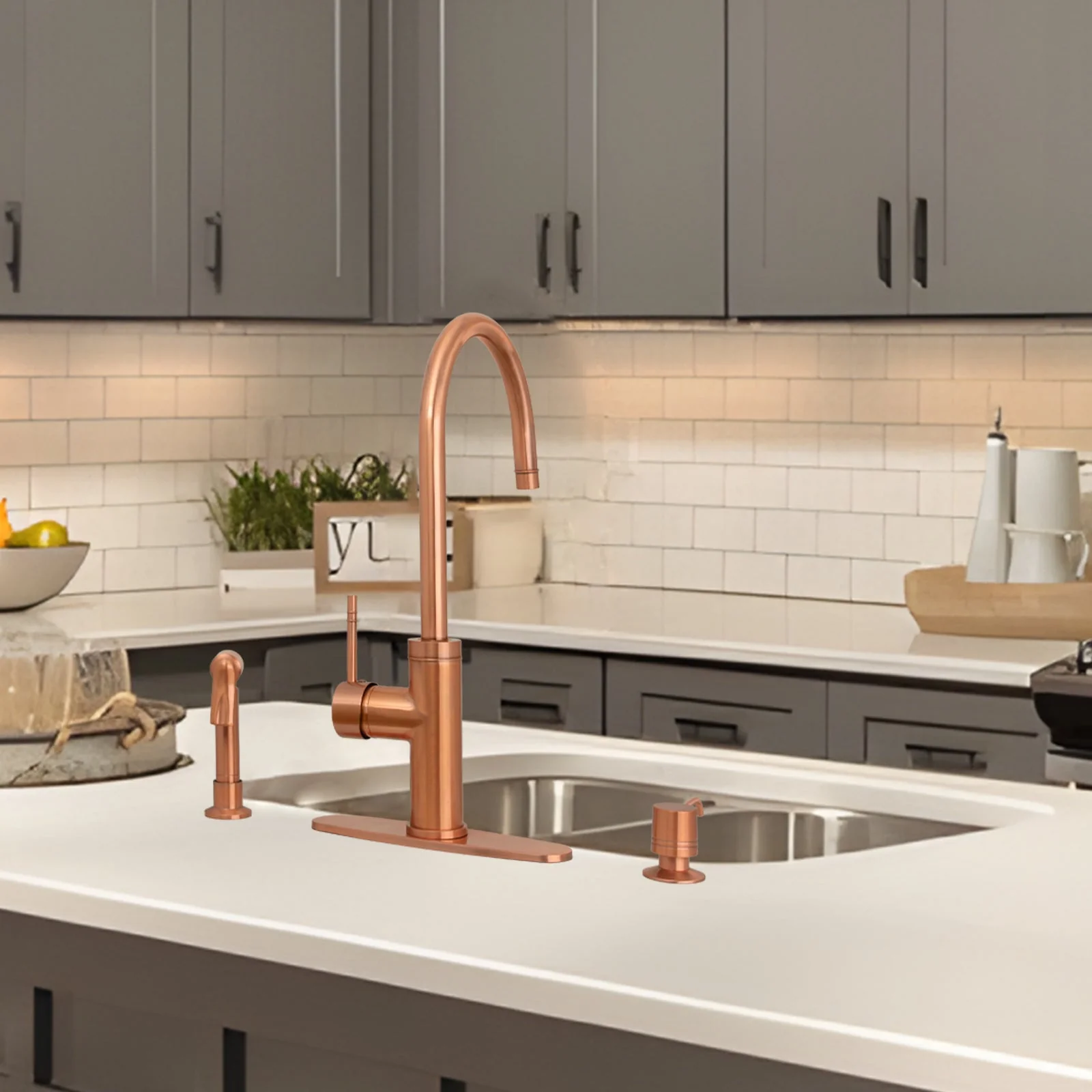 One-Handle Copper Widespread Kitchen Faucet with Side Sprayer-AK96966C - Image 4