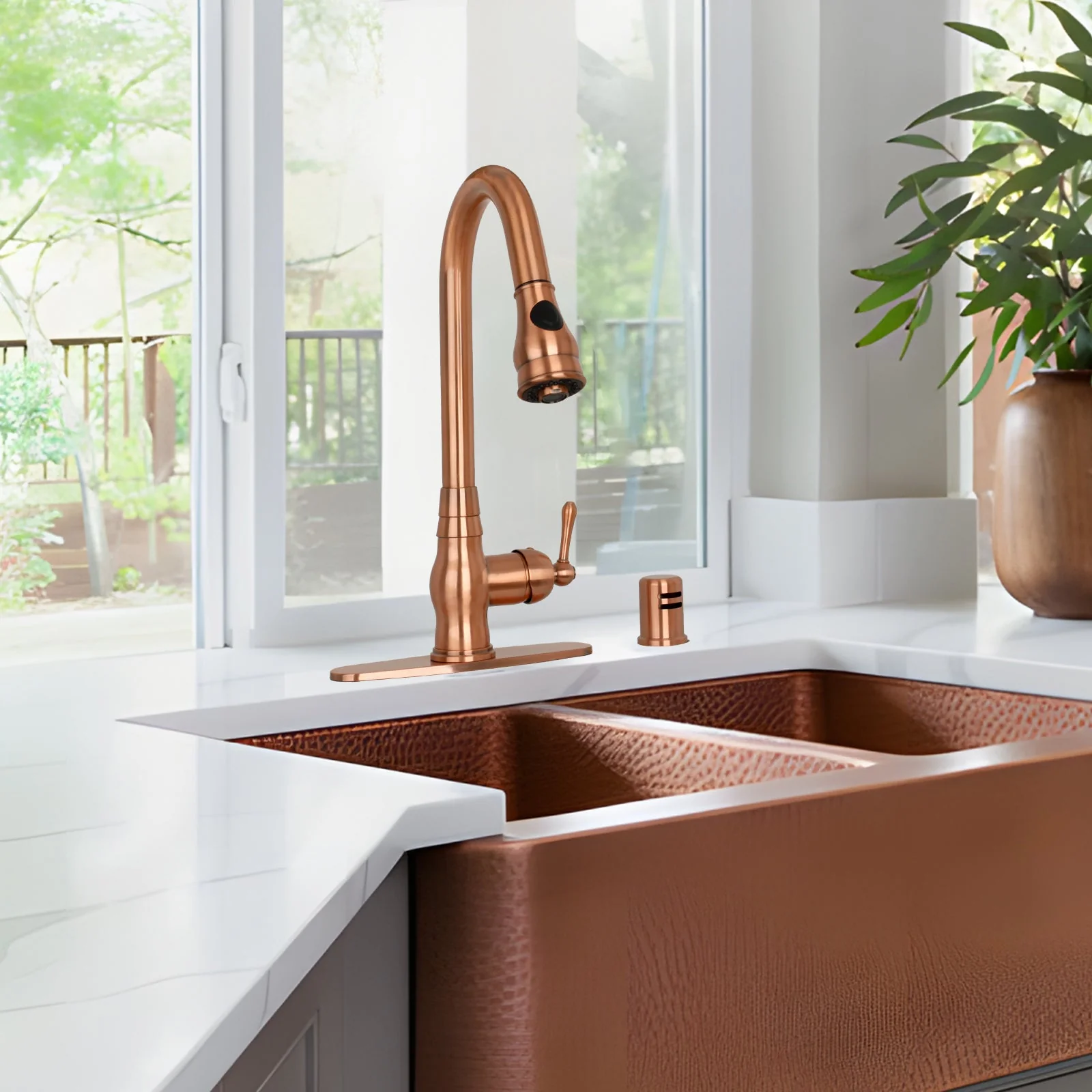 Pull Out Kitchen Faucet with Deck Plate, Single Level Solid Brass Kitchen Sink Faucets with Pull Down Sprayer-AK96418-D-C - Image 2