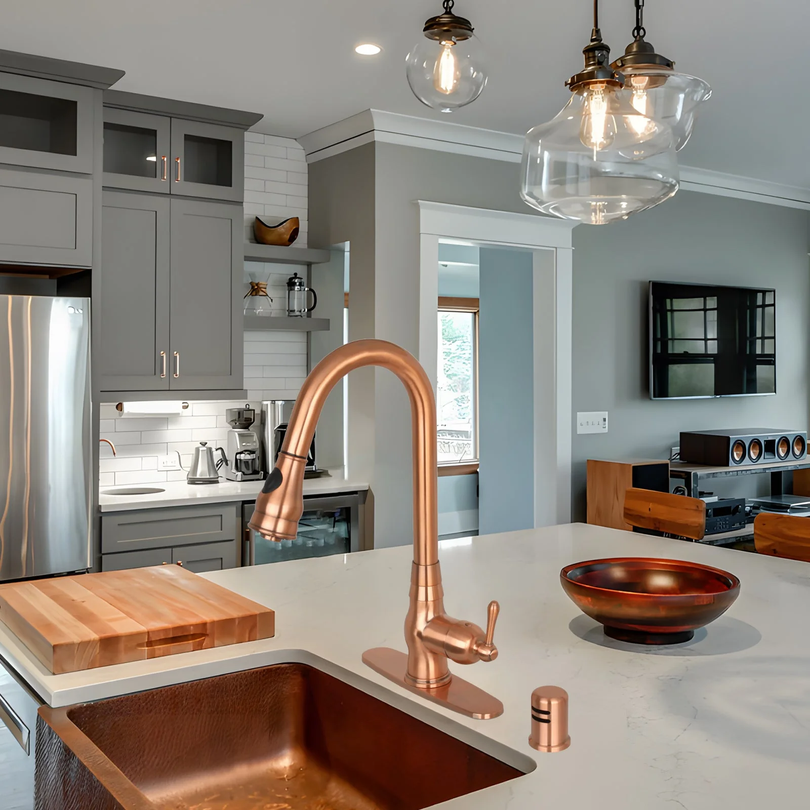 Pull Out Kitchen Faucet with Deck Plate, Single Level Solid Brass Kitchen Sink Faucets with Pull Down Sprayer-AK96418-D-C - Image 3