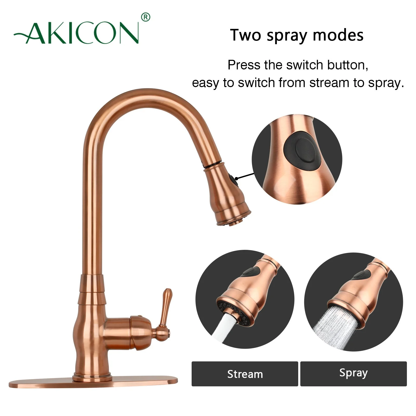 Pull Out Kitchen Faucet with Deck Plate, Single Level Solid Brass Kitchen Sink Faucets with Pull Down Sprayer-AK96418-D-C - Image 4
