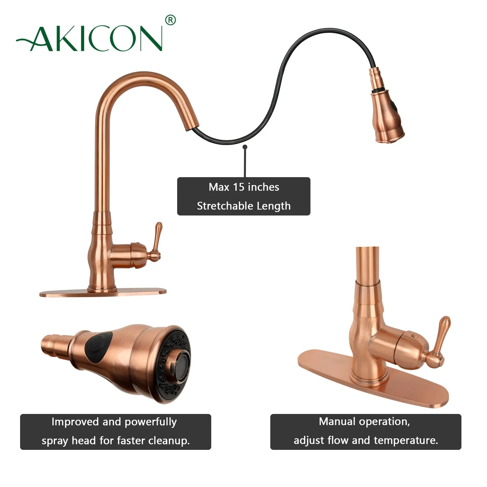 Pull Out Kitchen Faucet with Deck Plate, Single Level Solid Brass Kitchen Sink Faucets with Pull Down Sprayer-AK96418-D-C - Image 5