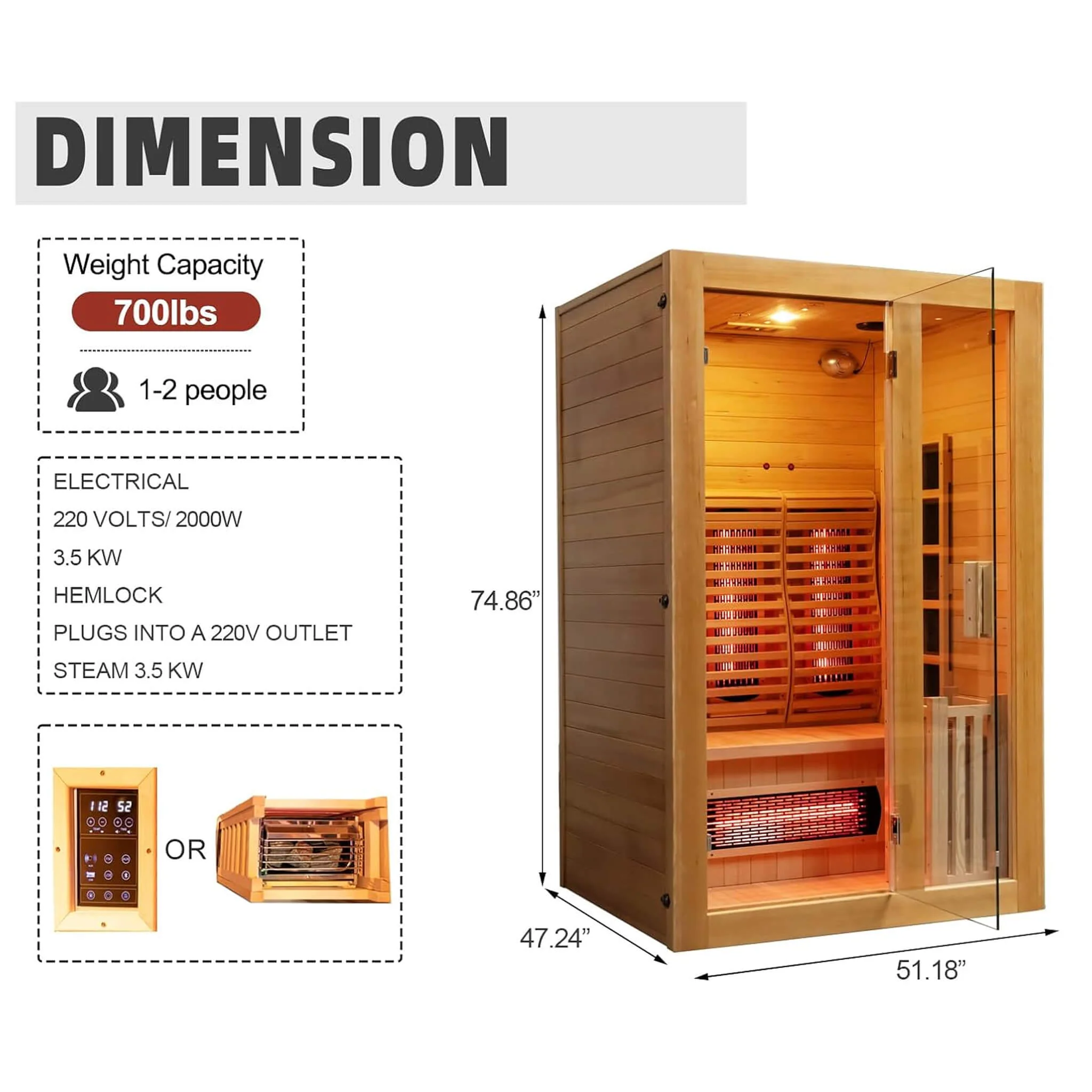 Rövia Luma 2-Person Indoor Hybrid Sauna Room With Infrared And 3.5KW Steam Heaters (SAK83750) - Image 3