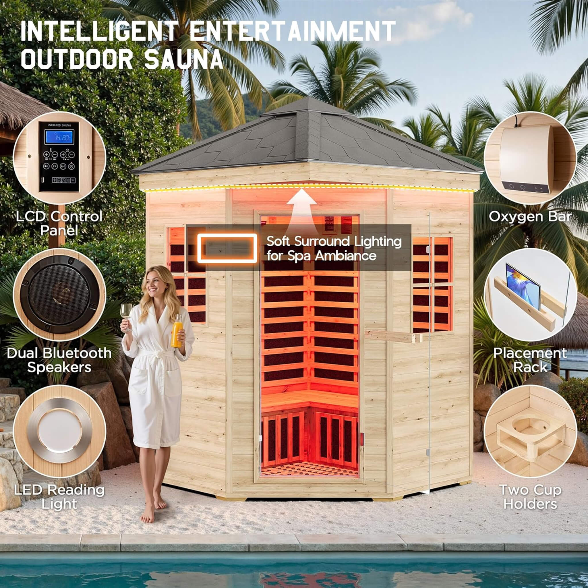 Thermora Monaco 4-Person Low EMF Spruce Wood Outdoor Infrared Sauna With Bluetooth Speakers And LED Lights (SAK16270) - Image 3