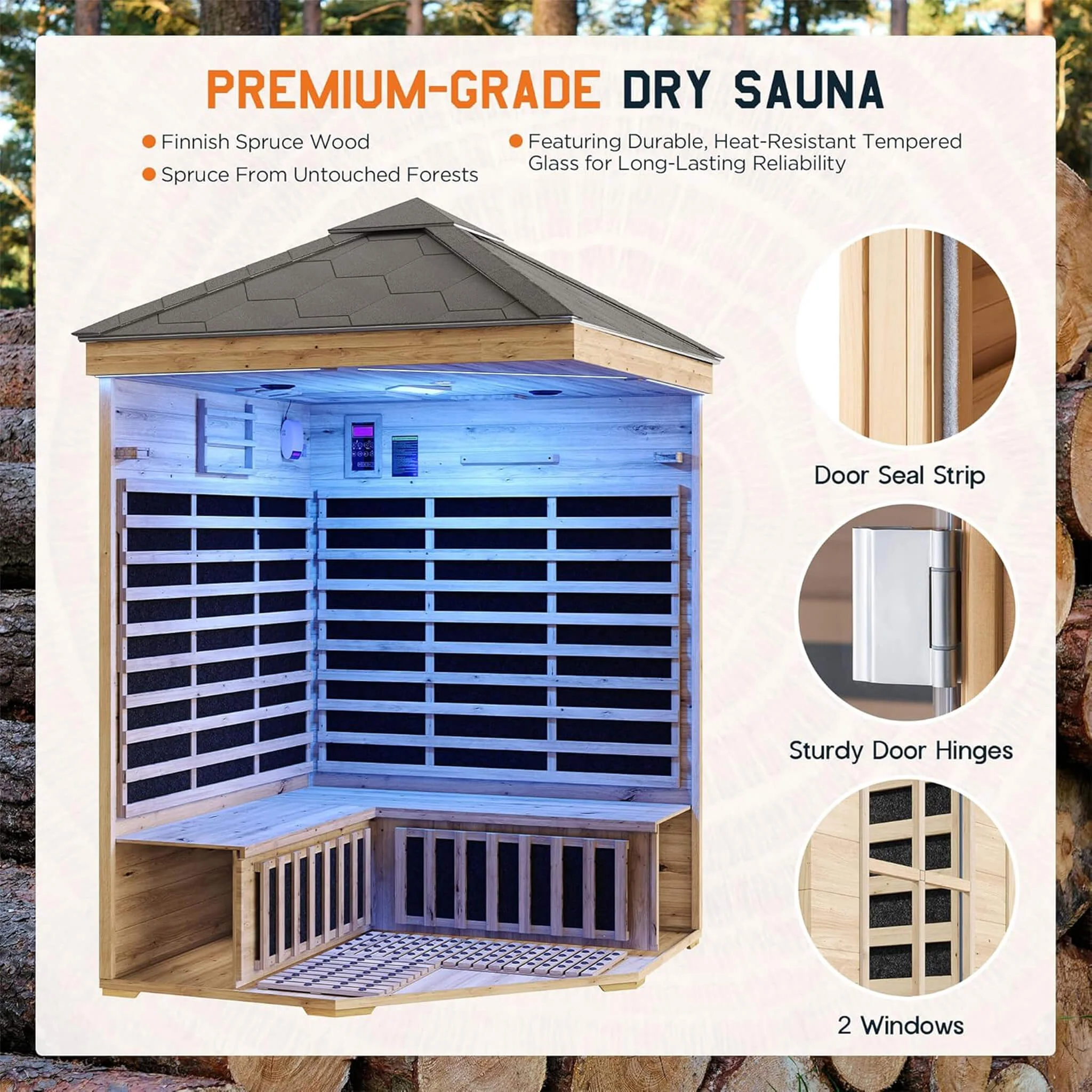Thermora Monaco 4-Person Low EMF Spruce Wood Outdoor Infrared Sauna With Bluetooth Speakers And LED Lights (SAK16270) - Image 4