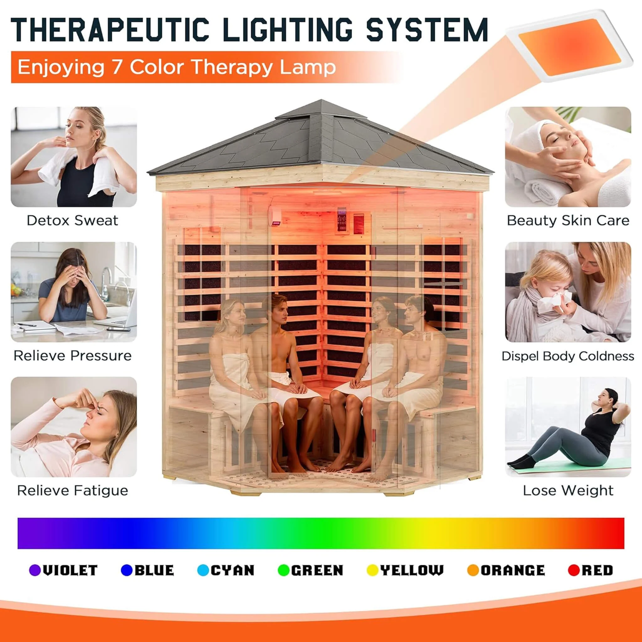 Thermora Monaco 4-Person Low EMF Spruce Wood Outdoor Infrared Sauna With Bluetooth Speakers And LED Lights (SAK16270) - Image 7