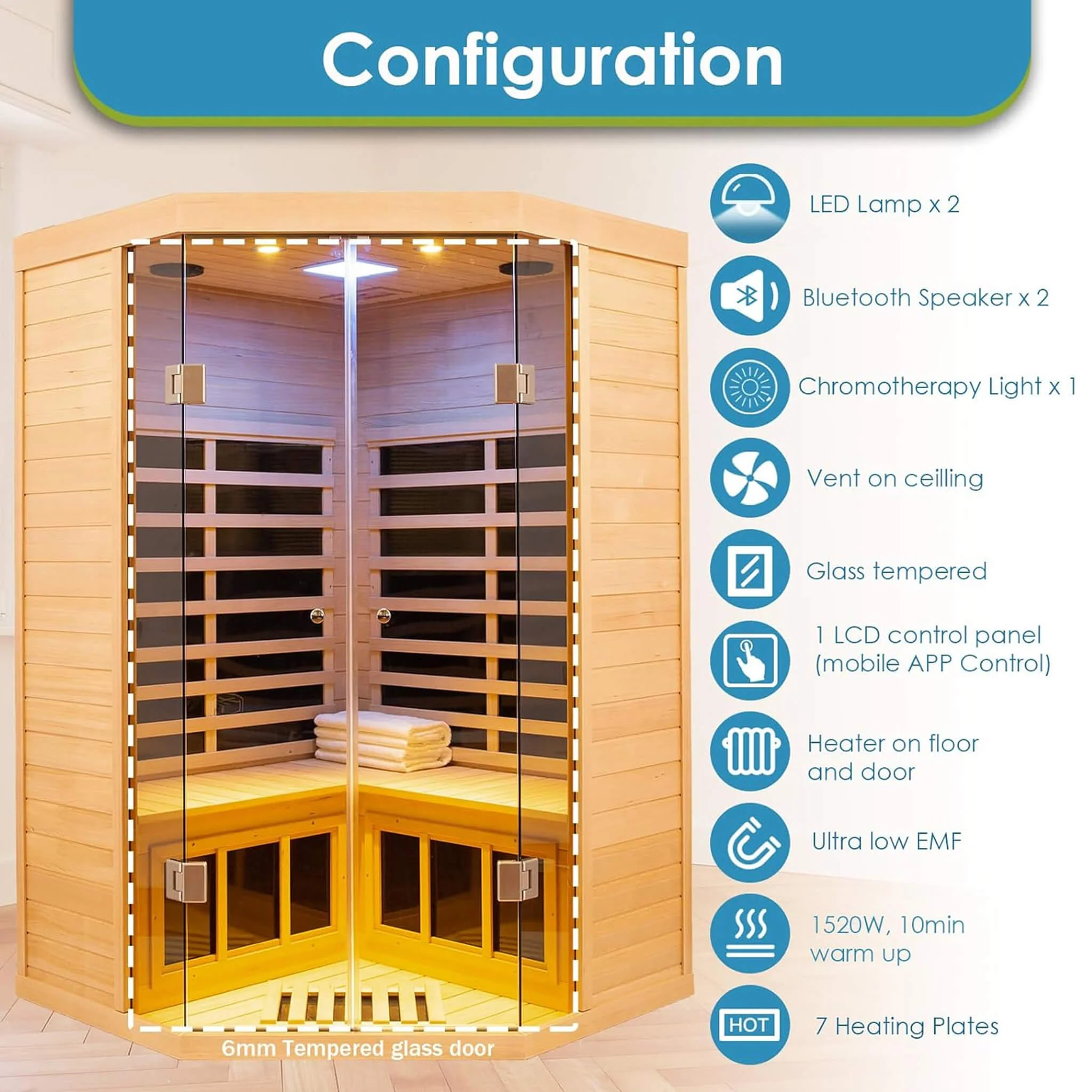 Thermora Premium 2-Person Corner Space Infrared Wooden Sauna Room With Bluetooth Speakers, 1600W (SAK81524) - Image 5