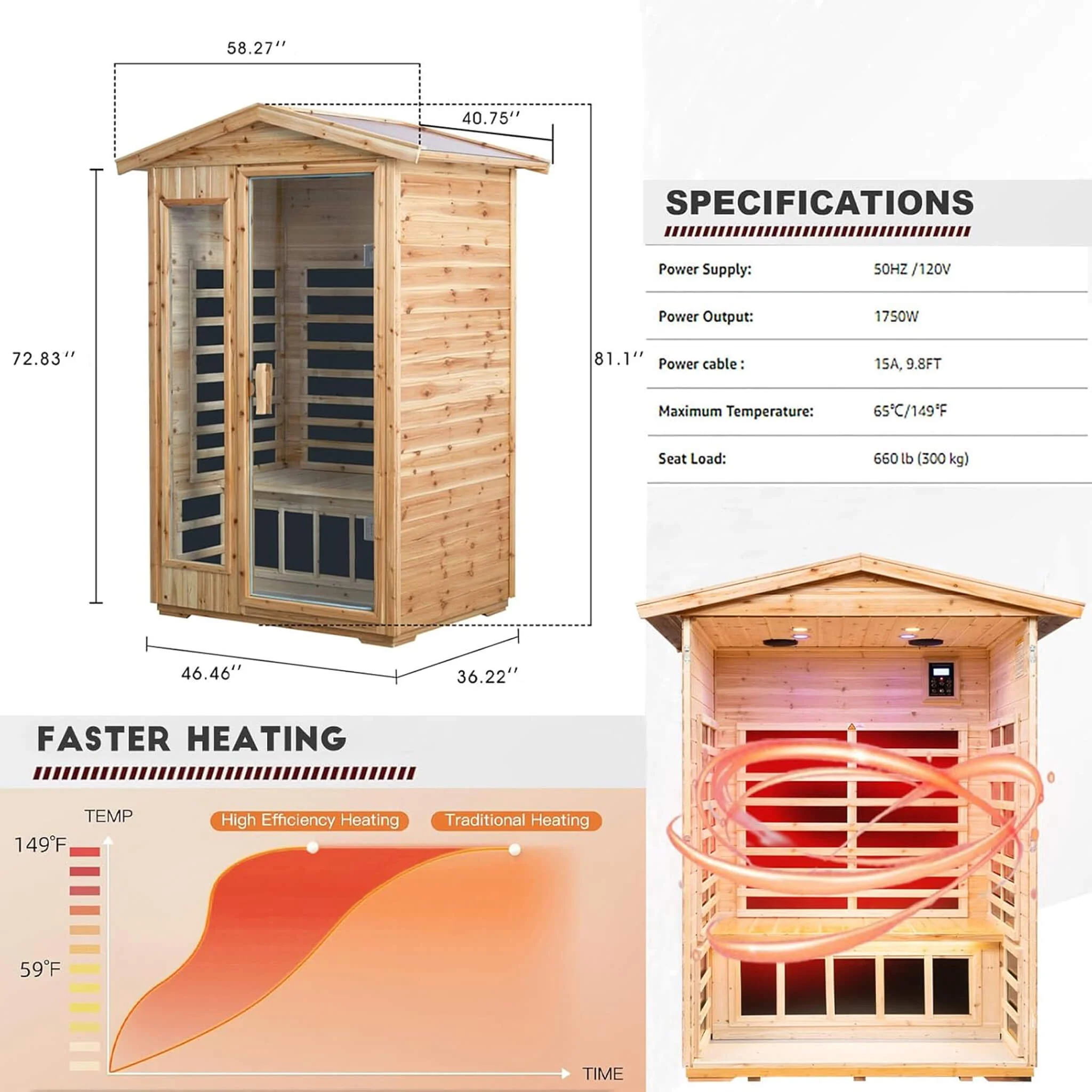 Thermora Premium 2-Person Indoor Outdoor Low EMF FAR-Infrared Hemlock Wood Personal Home Sauna Spa, 1750W (SAK27451) - Image 7