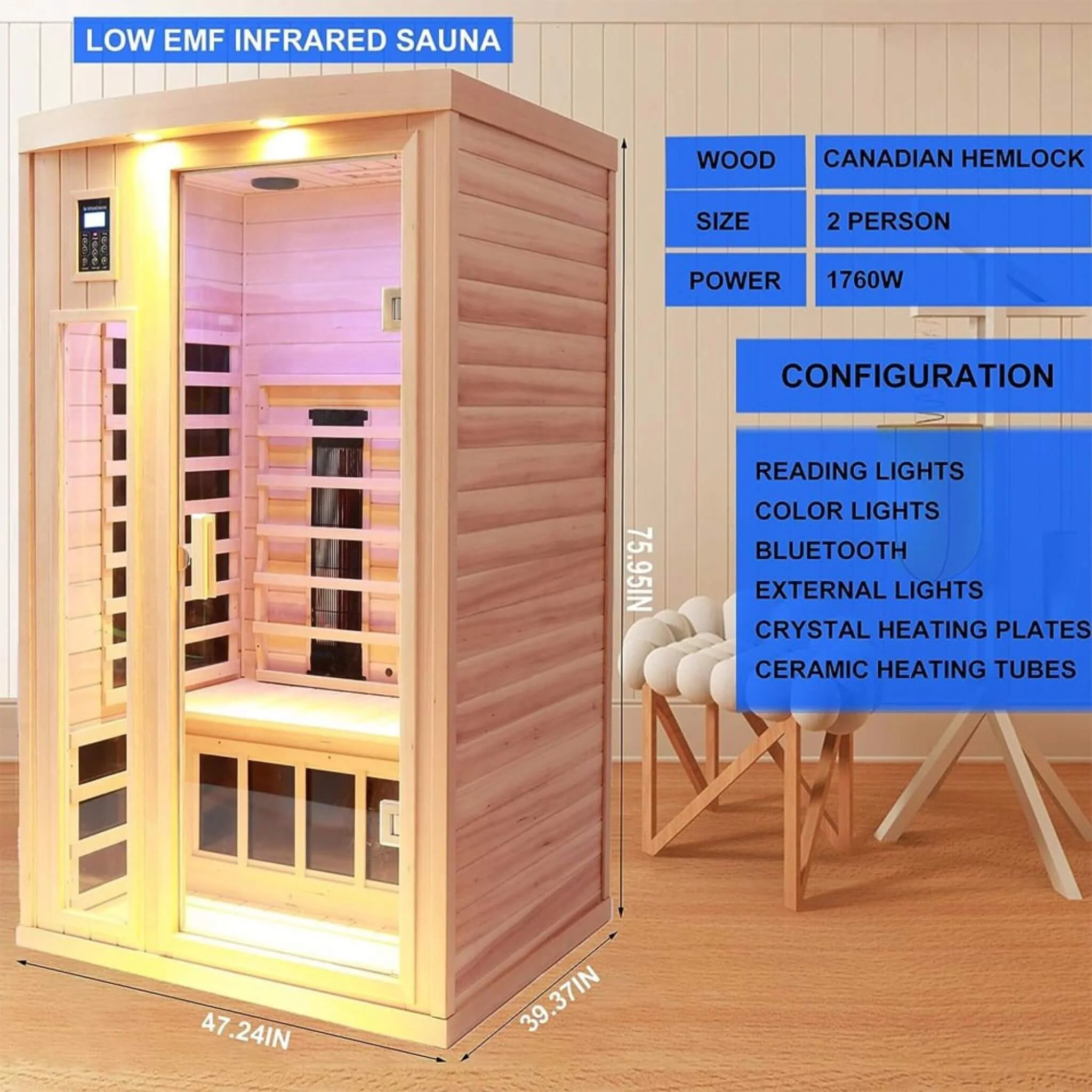 Thermora Premium 2-Person Low EMF FAR-Infrared Heat Wood Home Personal Spa Sauna With Ceramic Heaters, 1760W (SAK25714) - Image 7