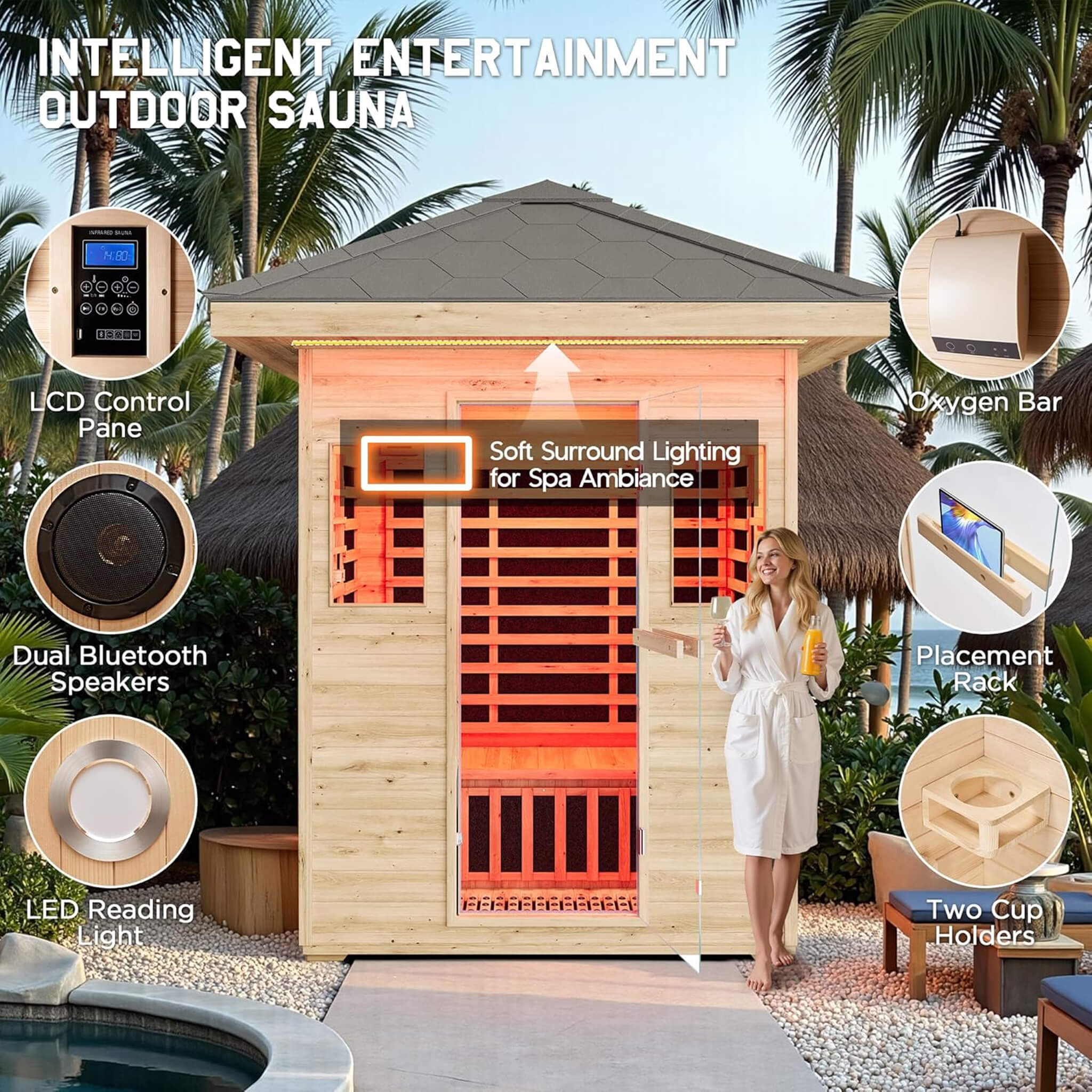 Thermora Zurich 3-Person Low EMF Spruce Wood Outdoor Infrared Sauna With Bluetooth Speakers And LED Lights (SAK59047) - Image 4