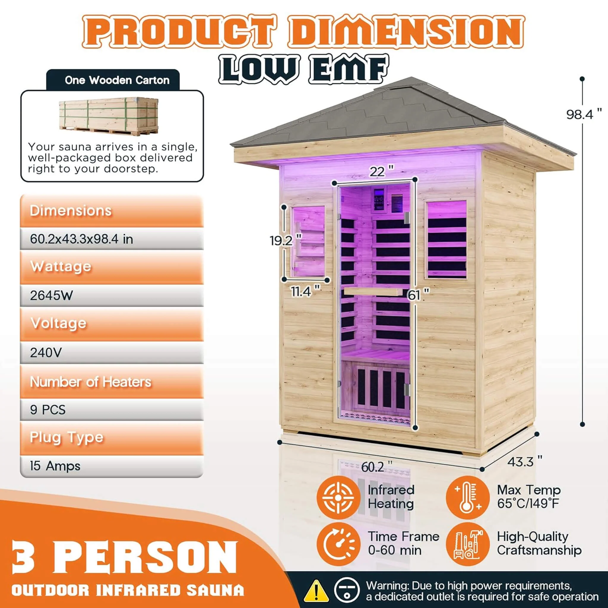 Thermora Zurich 3-Person Low EMF Spruce Wood Outdoor Infrared Sauna With Bluetooth Speakers And LED Lights (SAK59047) - Image 8