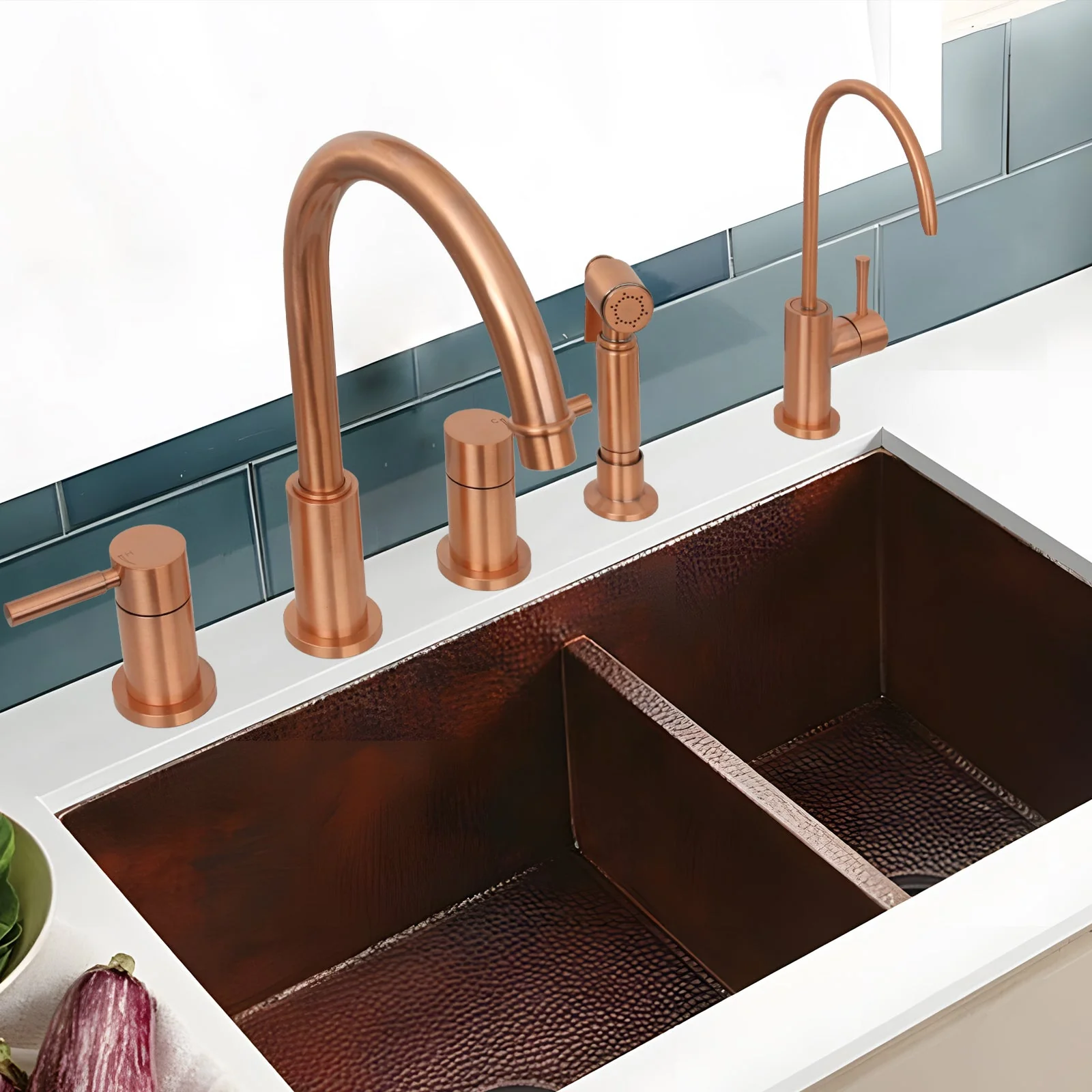 Two-Handles Copper Widespread Kitchen Faucet with Side Sprayer - AK96866 - Image 3