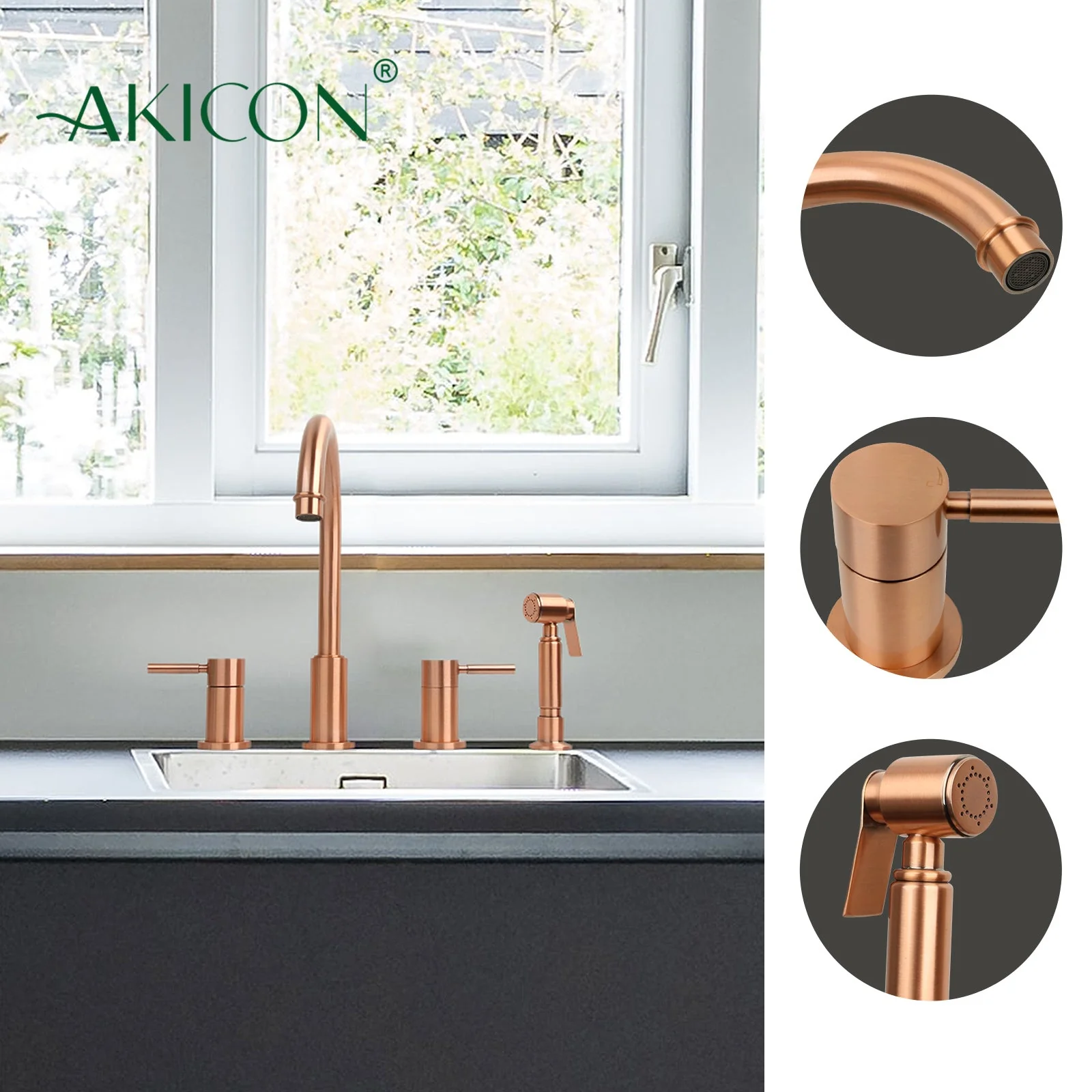 Two-Handles Copper Widespread Kitchen Faucet with Side Sprayer - AK96866 - Image 4